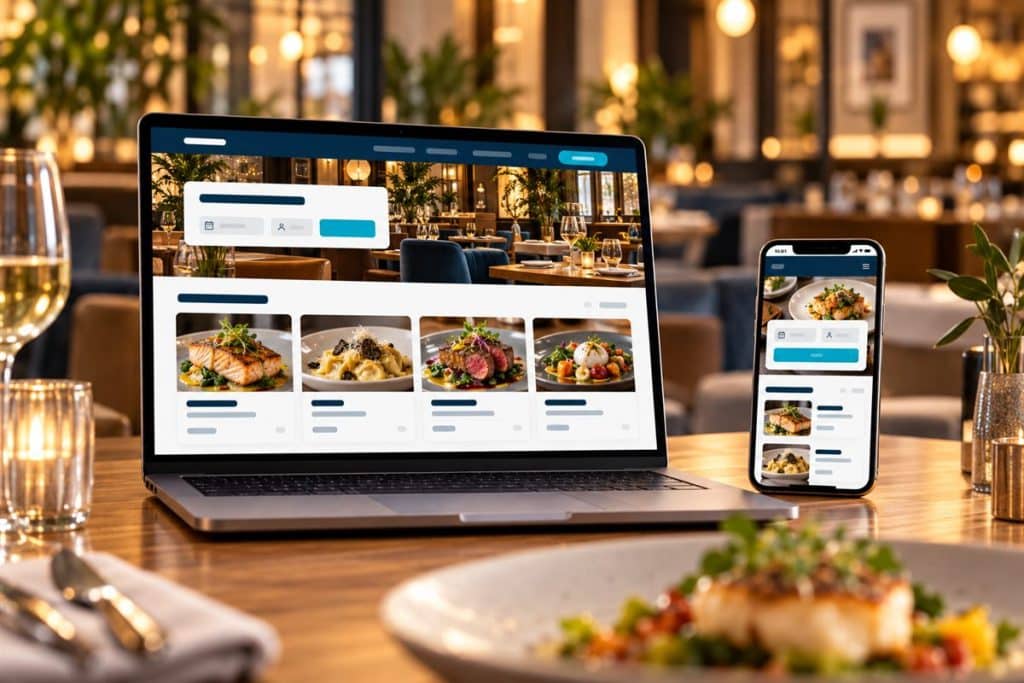 Restoran web sitesi tasarımı: menü ve rezervasyon bölümlü restoran sitesi dizüstü ve telefonda
