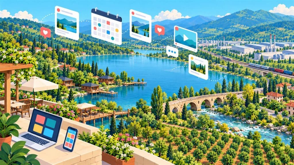 Sakarya sosyal medya yönetimi: Sapanca Gölü, bungalovlar, fındık bahçeleri ve tarihi taş köprü üzerinde sosyal medya simgeleri illüstrasyonu