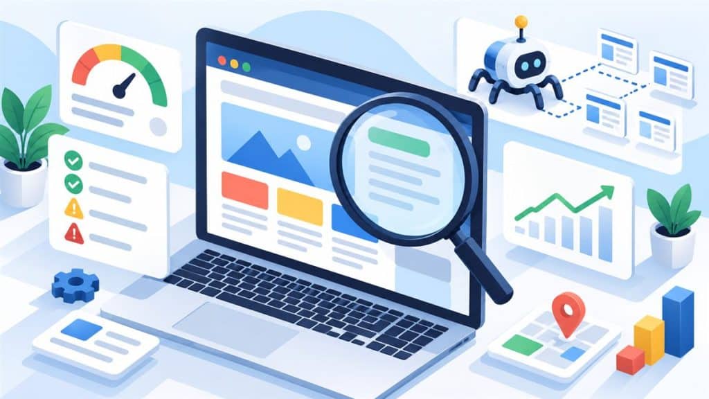 SEO analizi: web sitesini büyüteçle inceleyen hız, dizin, içerik ve yerel görünürlük kontrol kartları illüstrasyonu