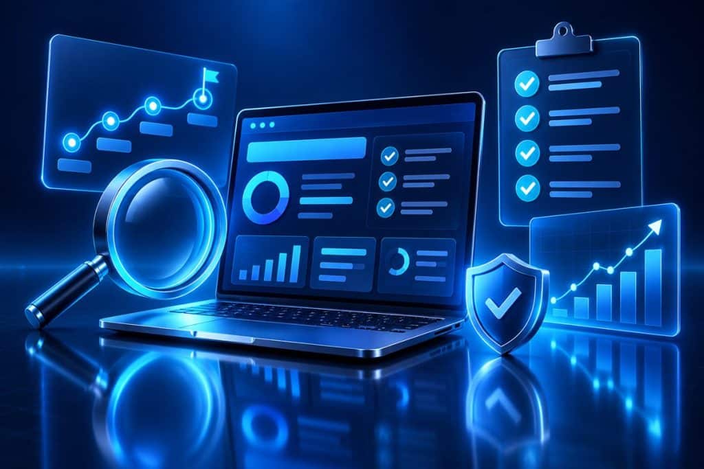 SEO danışmanlığı: site denetimi paneli, yol haritası ve kontrol listesini gösteren illüstrasyon