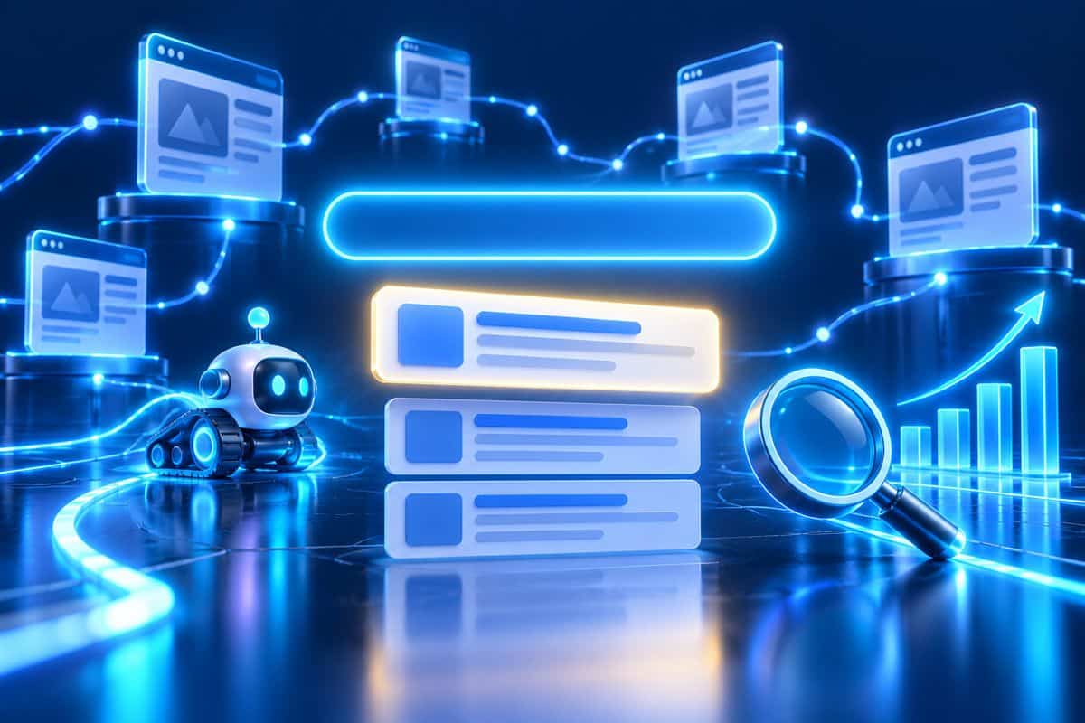 SEO nedir: arama çubuğu, arama sonuçları ve sayfaları tarayan arama motoru botu illüstrasyonu