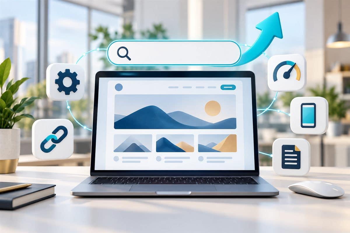 Laptopta SEO uyumlu web sitesi, arama çubuğu, yükselen ok ve SEO yapı taşı ikonları
