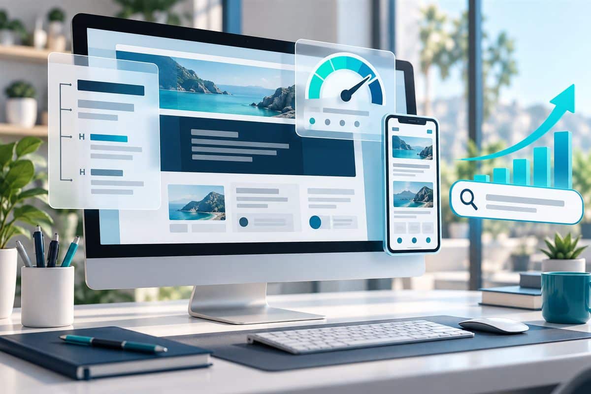Monitörde tel çerçeve web sitesi taslağı, hız göstergesi ve arama çubuğu ile SEO uyumlu web tasarım