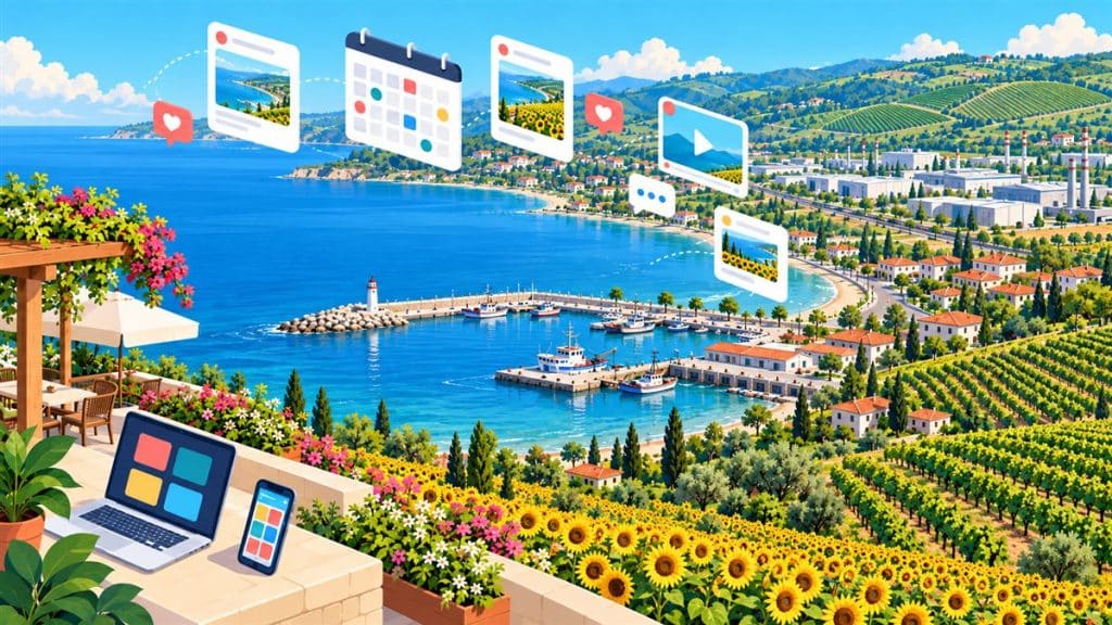 Tekirdağ sosyal medya yönetimi: Marmara kıyısı, balıkçı limanı, bağlar ve ayçiçeği tarlaları üzerinde sosyal medya simgeleri illüstrasyonu