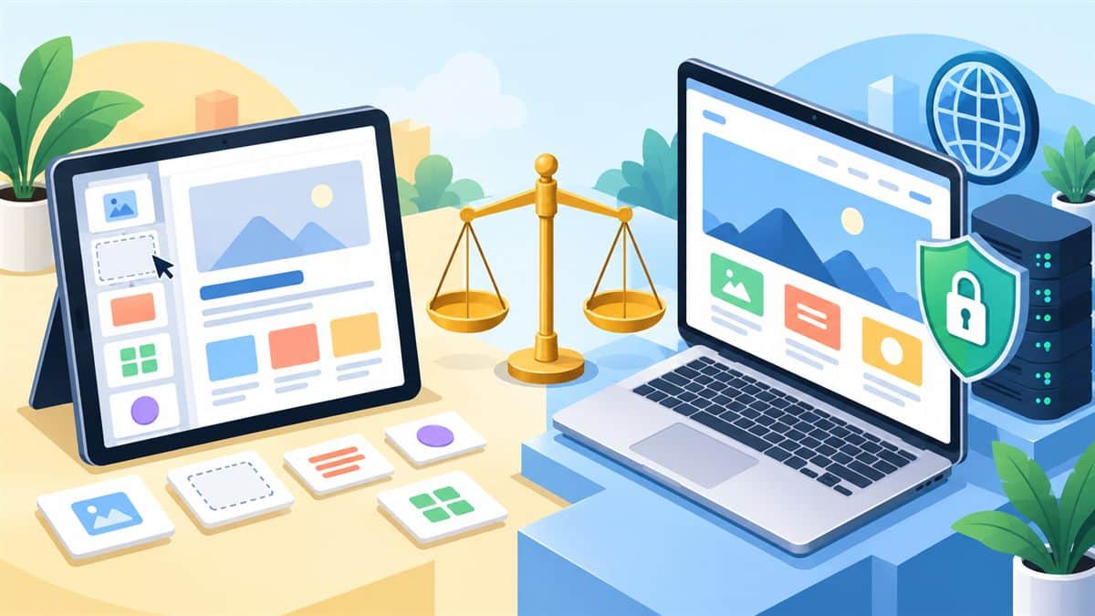 Ücretsiz web sitesi kurmak: sürükle-bırak site oluşturucu ile alan adı, hosting ve güvenlikli profesyonel sitenin terazide karşılaştırması illüstrasyonu