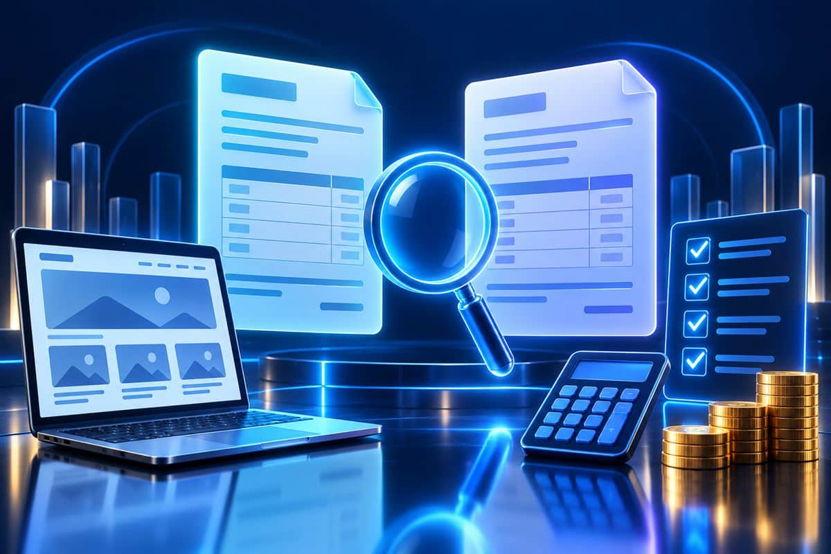 Web sitesi fiyat teklifi: iki teklif belgesinin büyüteçle karşılaştırıldığı illüstrasyon