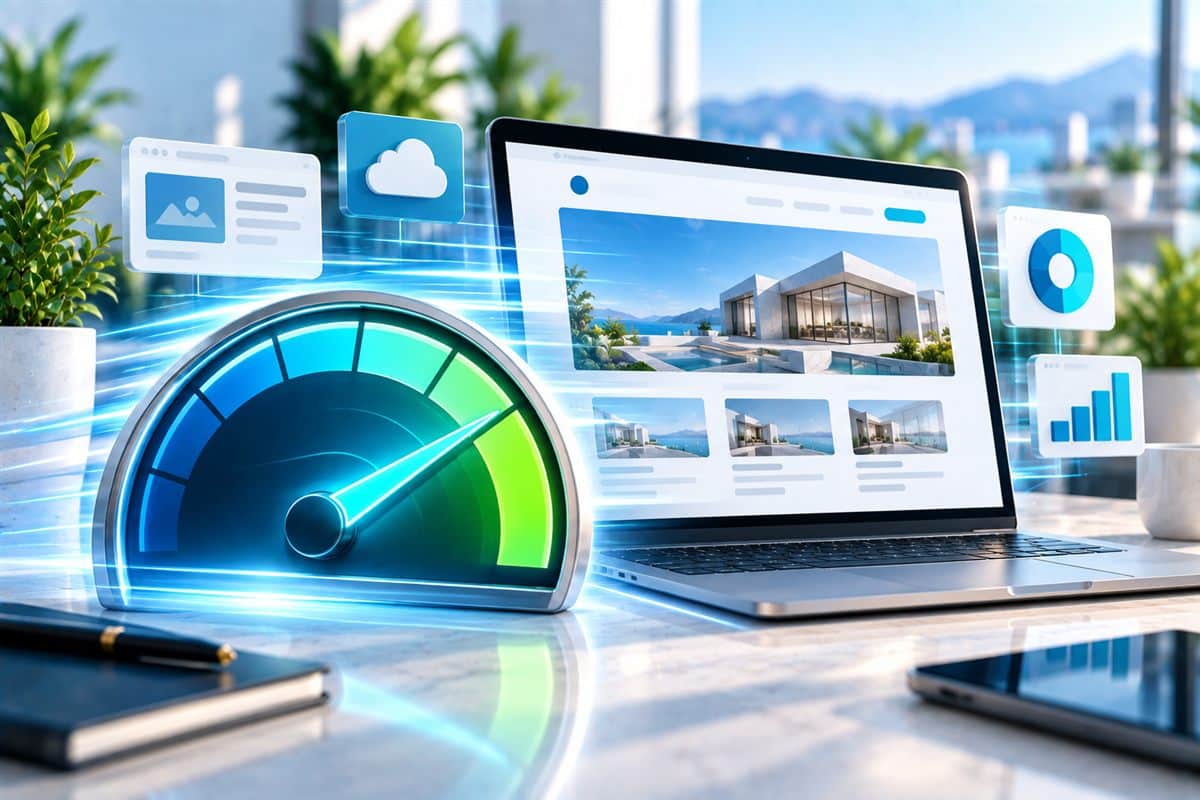 Core Web Vitals speed optimization with speedometer and instantly loading website in green area