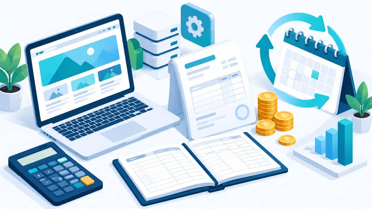 Web sitesi muhasebe kaydı: web sitesi, hesap makinesi, defter, fatura ve yıllık gider takvimini gösteren illüstrasyon