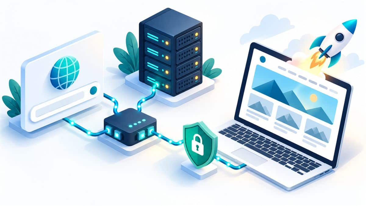 How a website is published: illustration showing domain, server, and site files connected via DNS and published with secure connection
