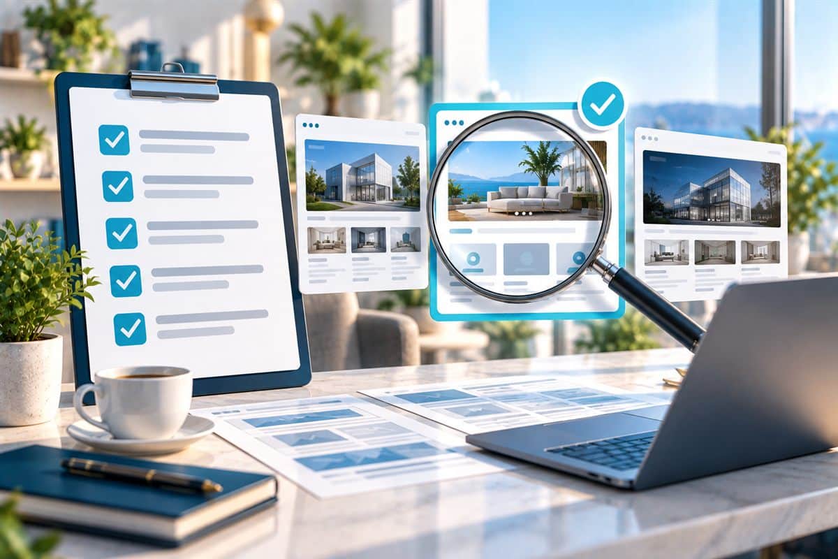 Choosing a web design company with website portfolios examined by checklist and magnifying glass