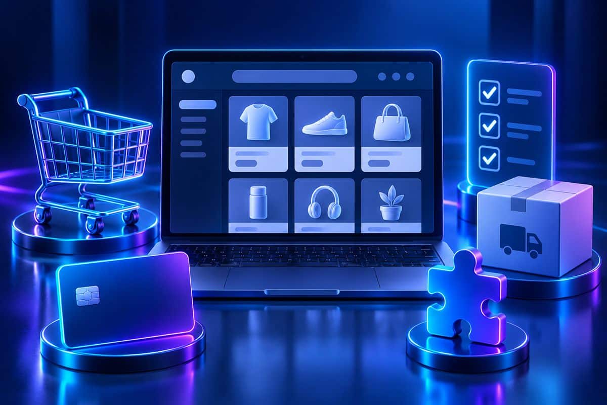 WordPress ile e-ticaret sitesi kurmak: online mağaza, sepet, ödeme ve kargo adımlarını gösteren illüstrasyon
