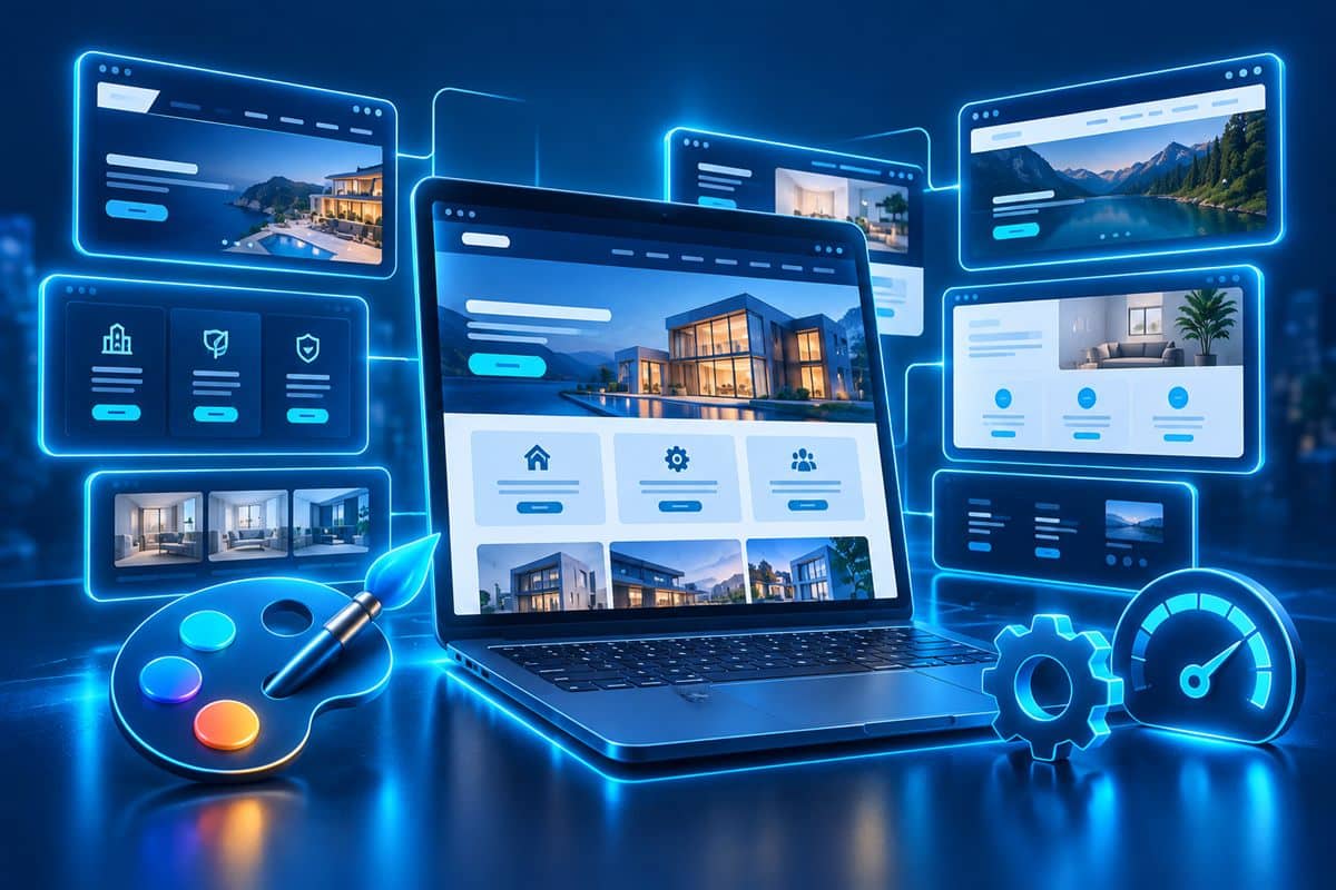 WordPress corporate theme selection: illustration showing different corporate site templates