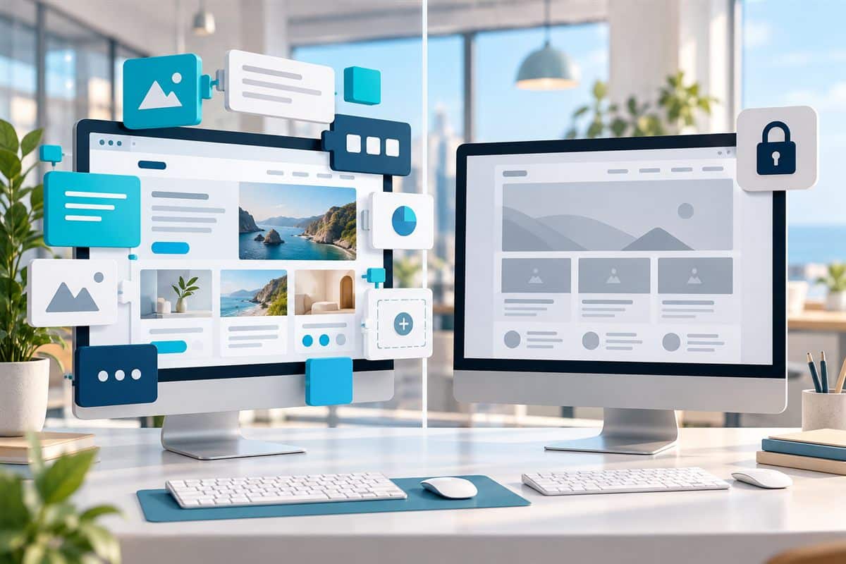 Comparison of flexible WordPress site with modular blocks and locked ready-made site builder template
