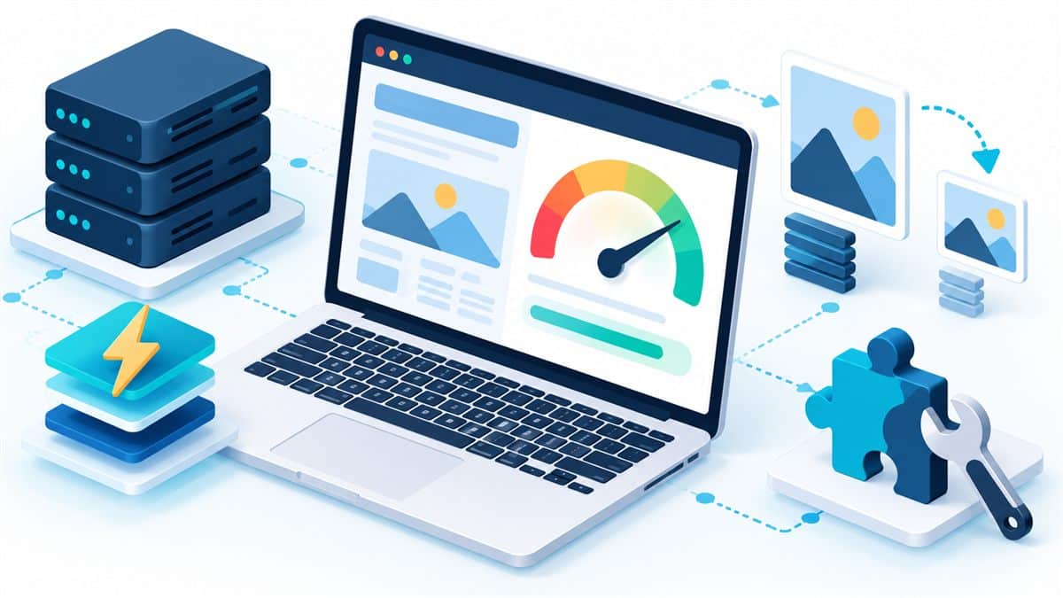 WordPress site loading slowly: illustration showing speedometer, cache, compressed images, and server layers