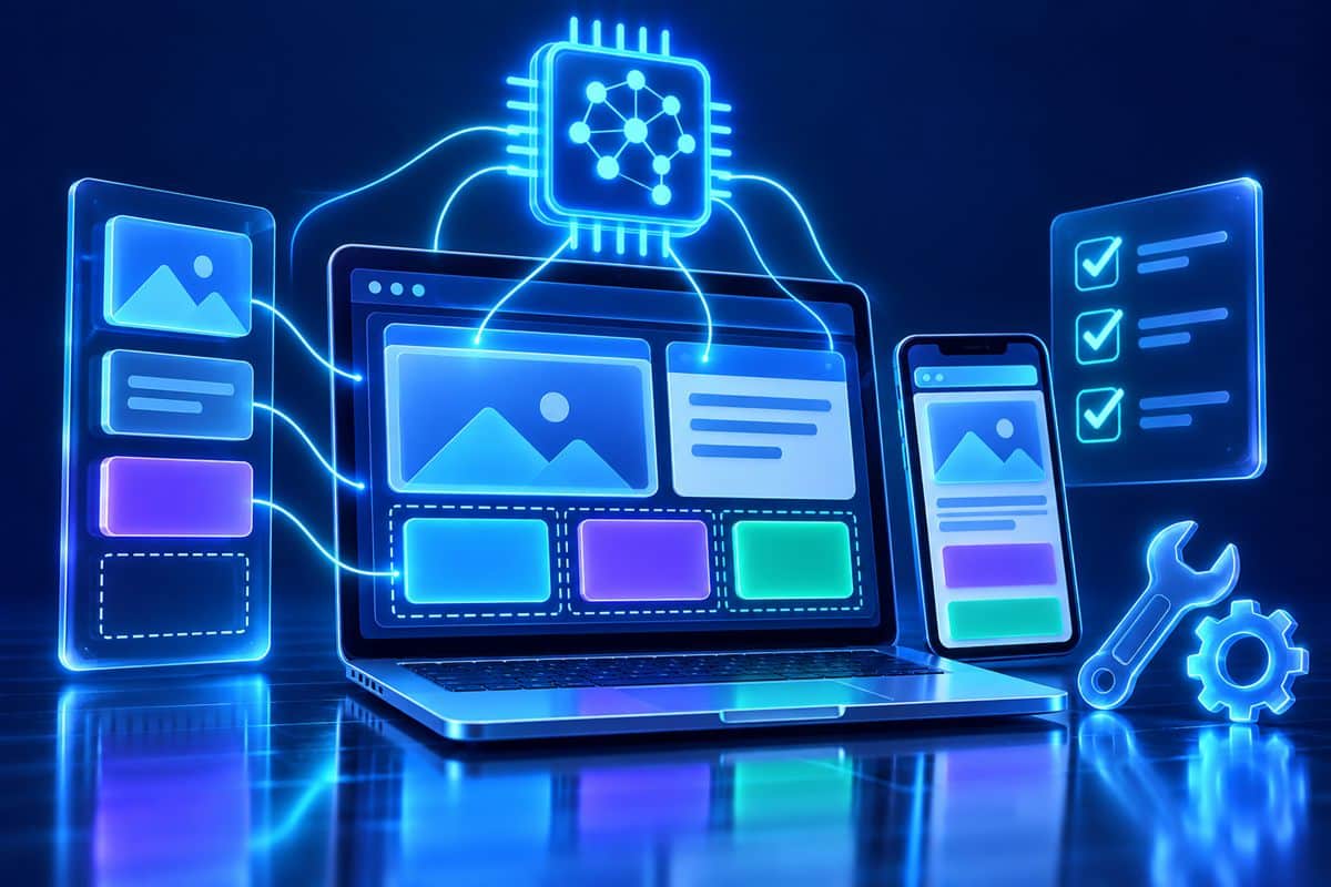 Yapay zeka ile web sitesi kurmak: yapay zeka çipinin web sitesi düzenini oluşturduğunu gösteren illüstrasyon