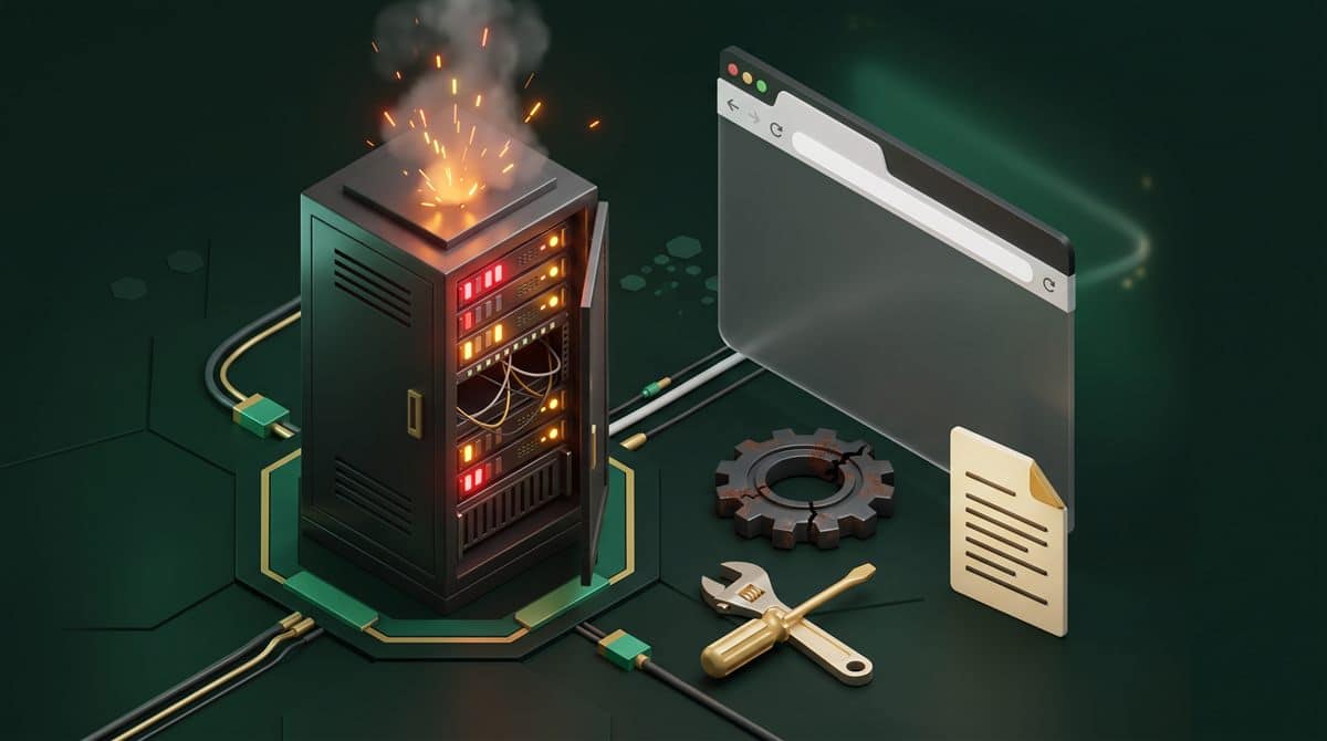 500 Internal Server Error: kıvılcım çıkaran sunucu kabini, boş tarayıcı penceresi, çatlak dişli, anahtar-tornavida ve hata günlüğü belgesi illüstrasyonu