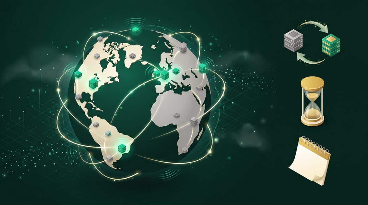 DNS değişikliği ne kadar sürer: dünya üzerinde güncellenen ve eski kalan DNS sunucu düğümleri, sunucu değişimi, kum saati ve takvim illüstrasyonu