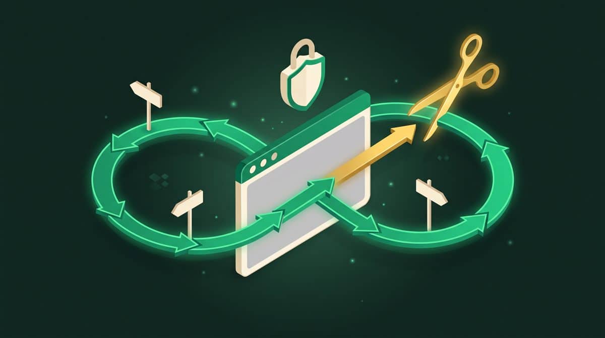 ERR_TOO_MANY_REDIRECTS: tarayıcı penceresinin etrafında sonsuzluk biçiminde dönen yönlendirme okları ve döngüyü kesen altın makas illüstrasyonu