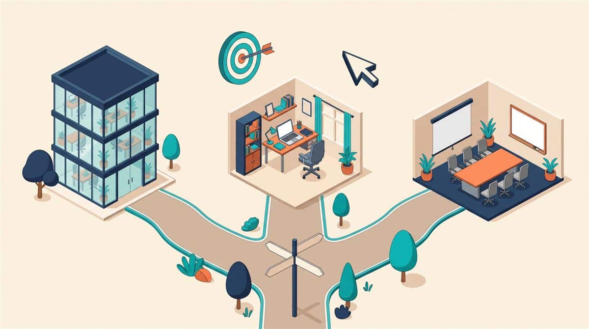 Google Ads ajansı mı freelance mı: ajans ofisi, ev çalışma masası ve şirket içi toplantı odasına ayrılan üç yol, yön levhası, hedef ve imleç illüstrasyonu