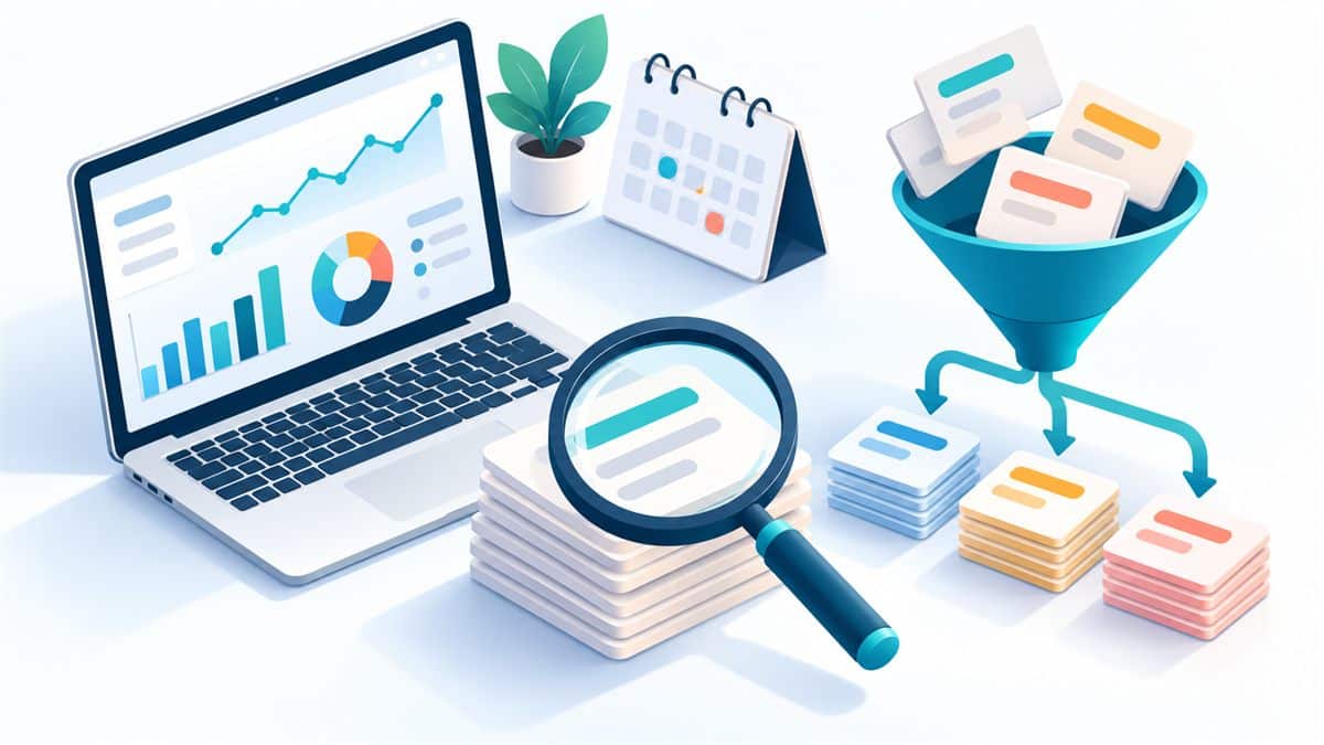 Google Ads keyword planner: illustration showing planning screen with search volume graphs, magnifying glass, and keyword cards