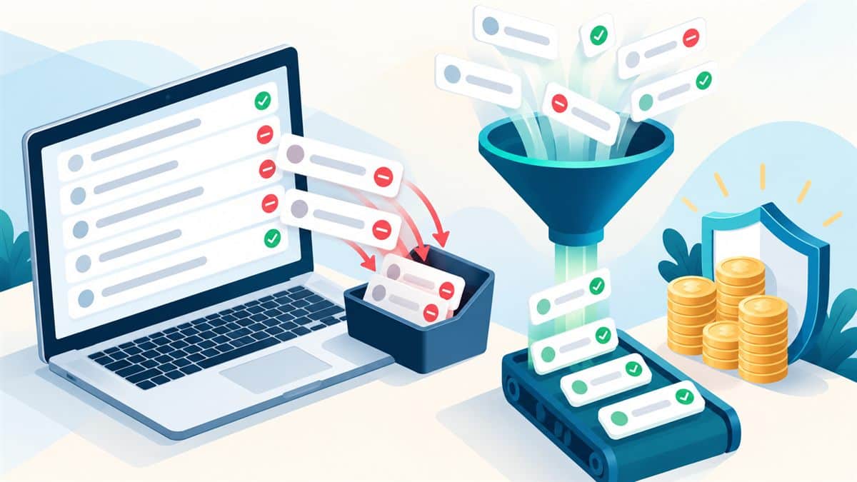 Google Ads negatif anahtar kelime ekleme: arama terimleri listesinden ayıklanan alakasız kelimeleri ve korunan bütçeyi gösteren illüstrasyon