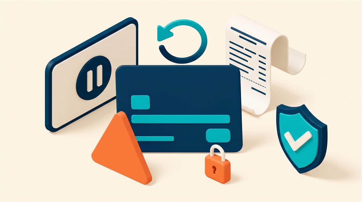 Google Ads ödeme reddedildi: üzerinde uyarı üçgeni ve kilit bulunan banka kartı, duraklatılmış reklam ekranı, fatura, yeniden deneme oku ve onaylı kalkan illüstrasyonu
