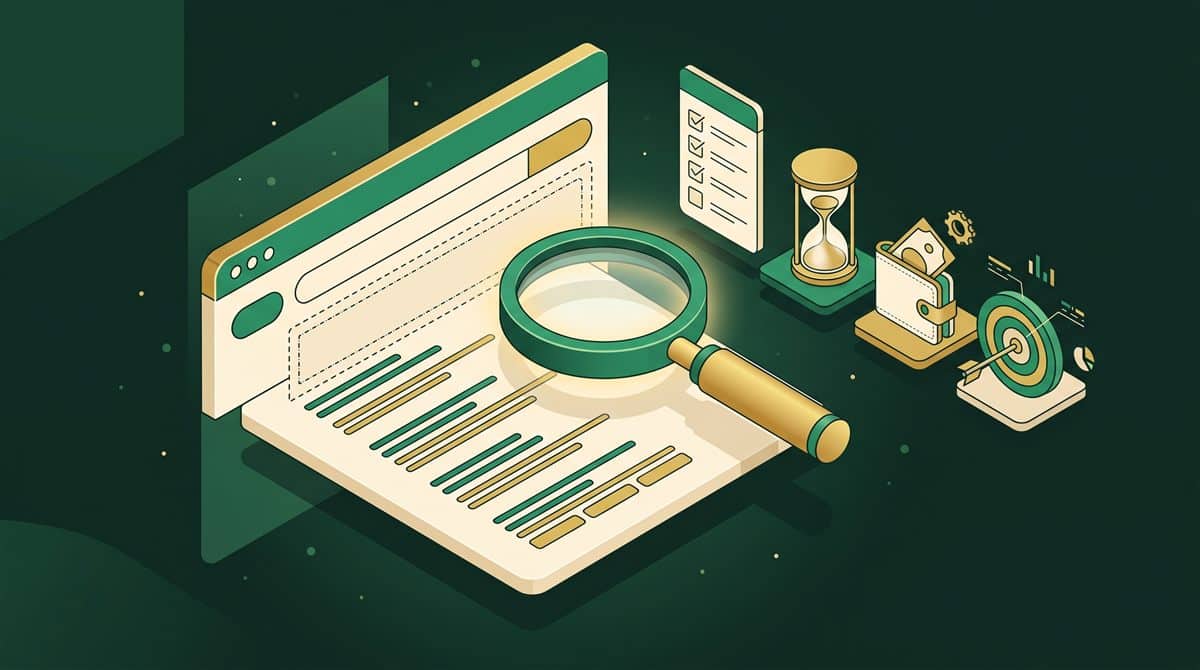 Google Ads reklamım görünmüyor: arama sonuç sayfasındaki boş reklam alanını inceleyen büyüteç, kontrol listesi, kum saati, cüzdan ve hedef illüstrasyonu