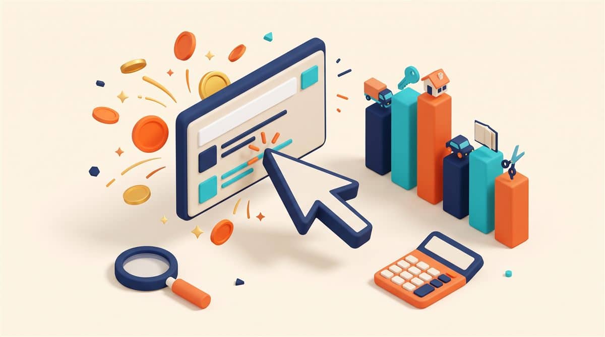 Google Ads tıklama maliyetleri 2026: arama sonucuna tıklayan imleç, saçılan madeni paralar, sektör simgeli sütun grafik, büyüteç ve hesap makinesi illüstrasyonu
