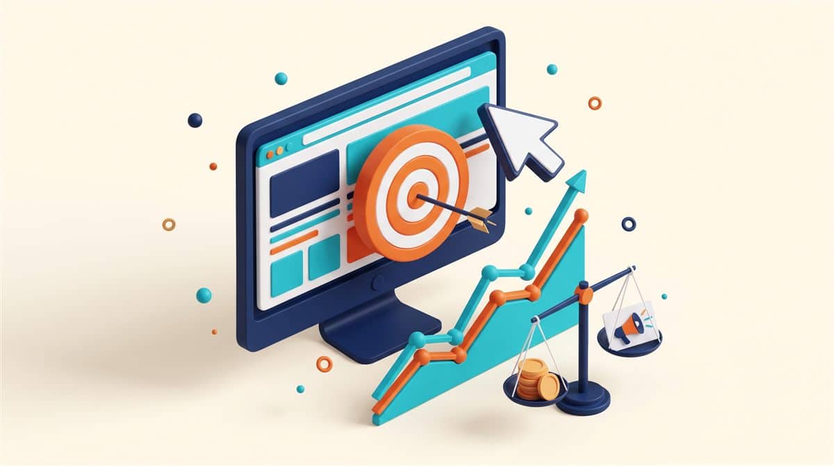 Google Ads yönetim ücretleri 2026: ekrandan çıkan hedef tahtası, imleç, yükselen grafik ve bütçe ile reklamı dengeleyen terazi illüstrasyonu