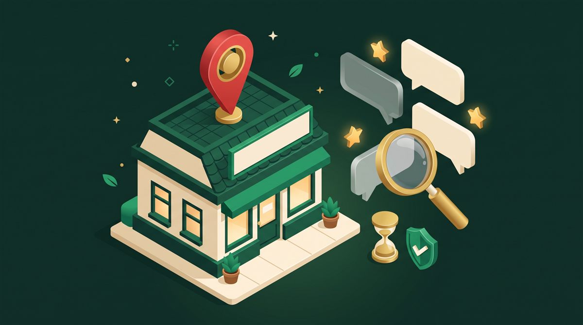 Google yorumum görünmüyor: konum iğneli dükkân, soluklaşmış yorum balonunu inceleyen büyüteç, yıldızlar ve kum saati illüstrasyonu