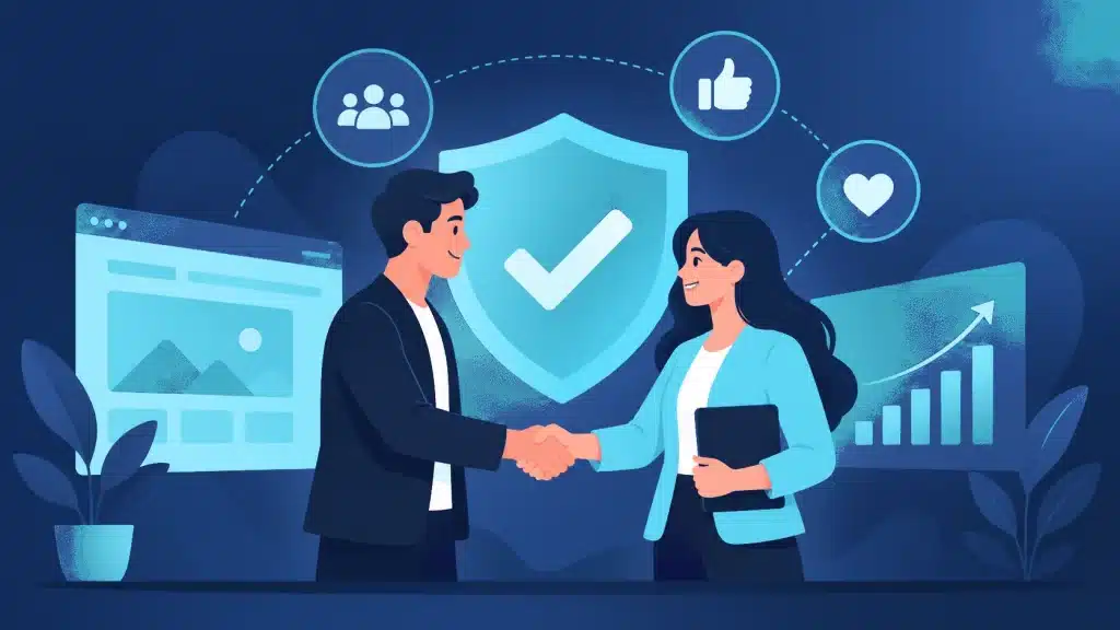 Trustworthy web agency: handshaking client and team, trust shield illustration