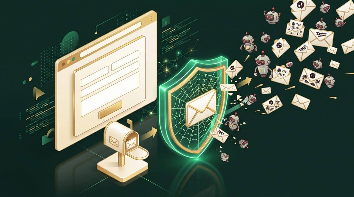 İletişim formu spam: forma uçan bot simgeleri ve istenmeyen zarfları durduran kalkan, gerçek mesajın posta kutusuna ulaştığını gösteren illüstrasyon