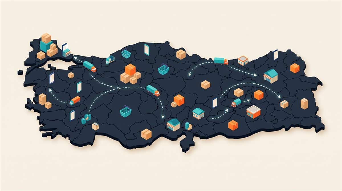 İllere göre e-ticaret: Türkiye haritası üzerinde farklı yükseklikte kargo kutusu yığınları, şehirler arası kargo kamyonları, sepet, telefon ve dükkân simgeleri illüstrasyonu