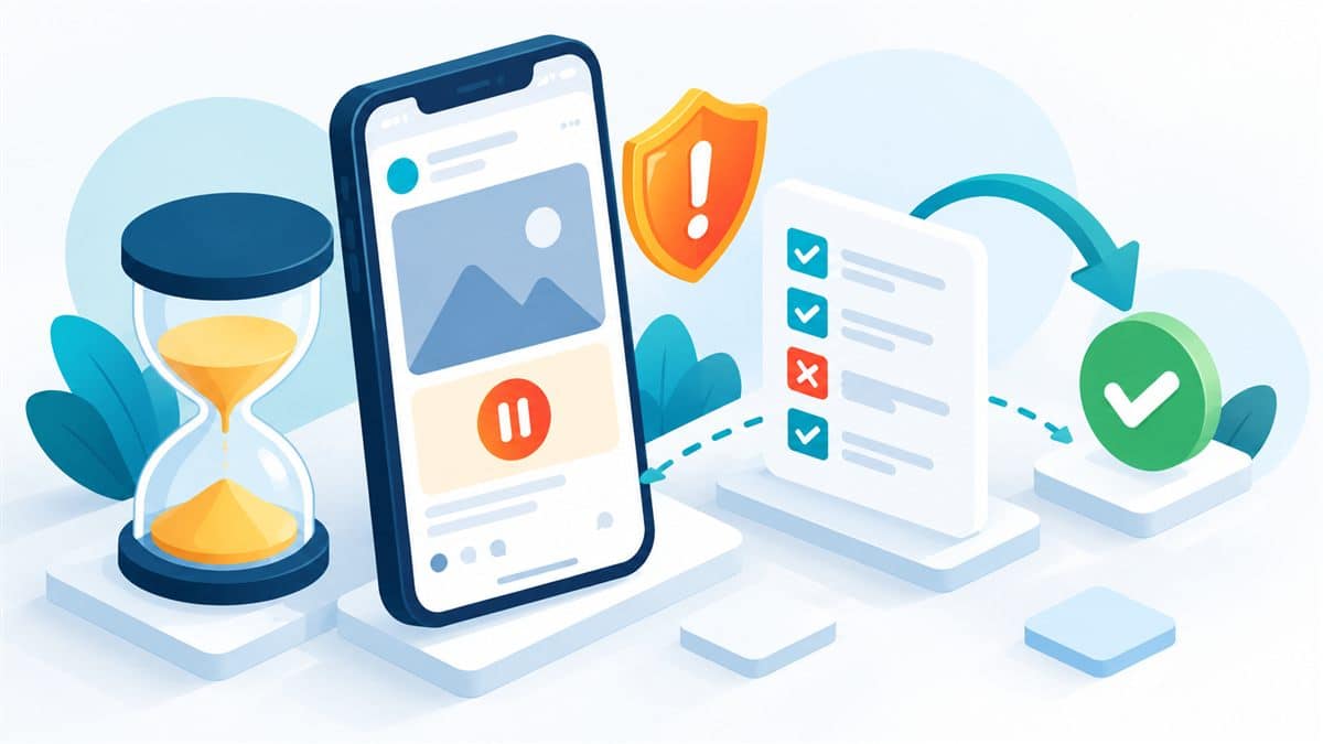Instagram ad not publishing: illustration showing ad card pending review, hourglass, warning shield, and appeal flow