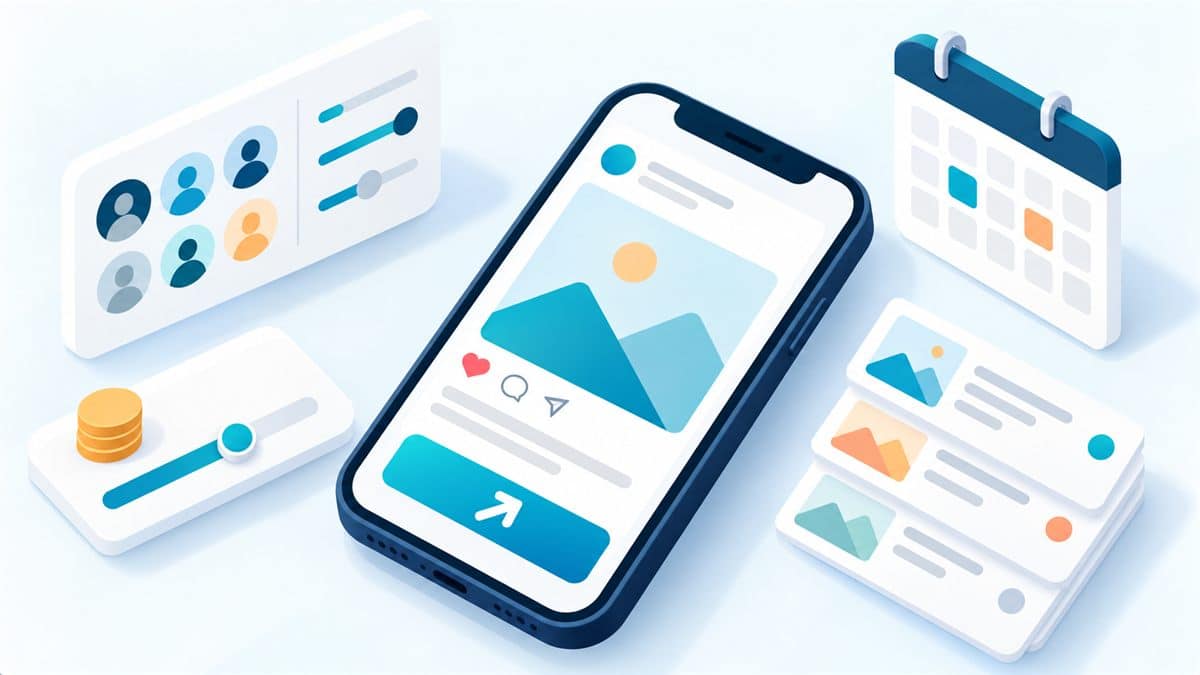 How to run an Instagram ad: illustration showing post on phone, audience settings, budget slider, and campaign cards
