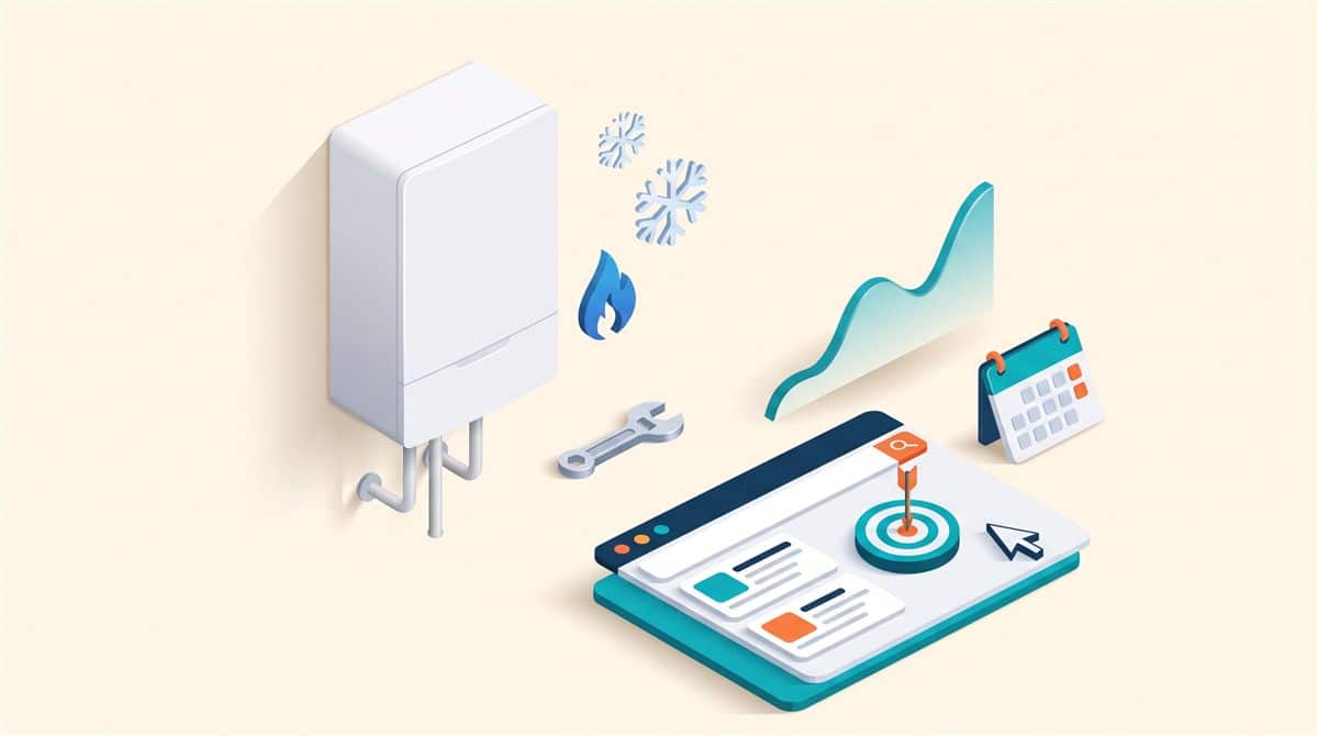 Kombi servisi Google Ads: duvar tipi kombi, mavi alev ve kar taneleri, arama sonucu kartında hedef tahtası, yükselen grafik ve takvim illüstrasyonu