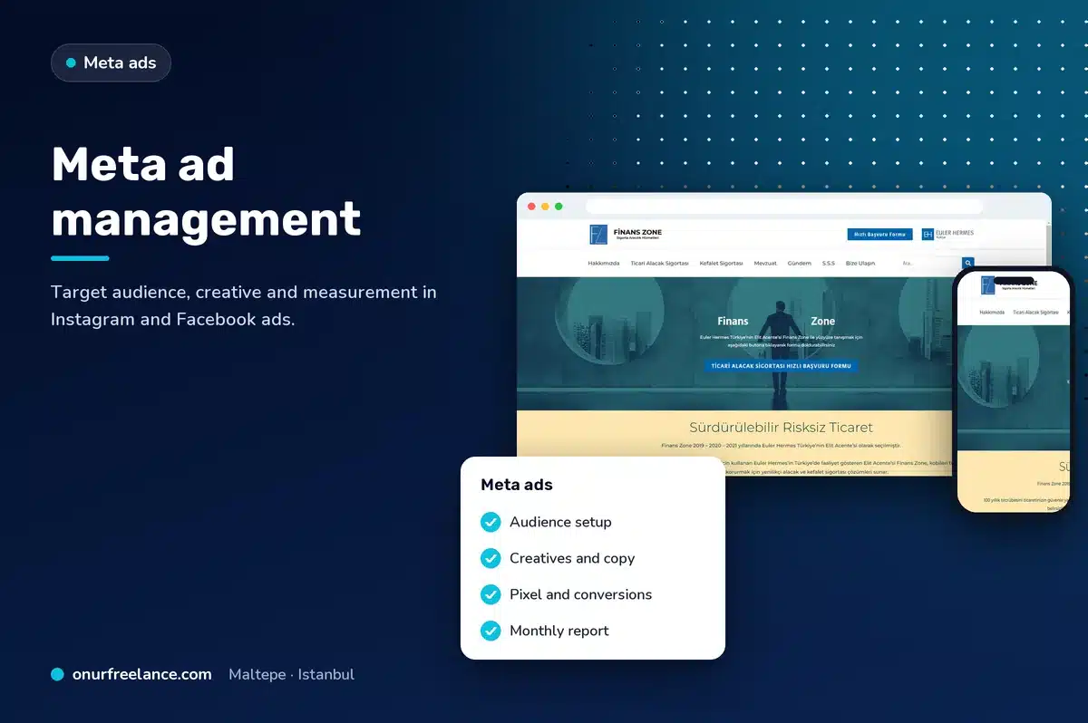 Meta ad management: Onur Freelance real project screen and Meta ad steps