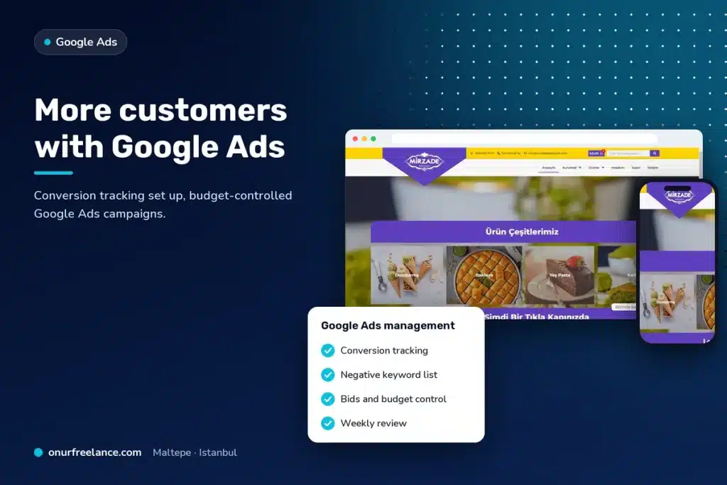 More customers with Google Ads: Onur Freelance real project screen and Google Ads management steps