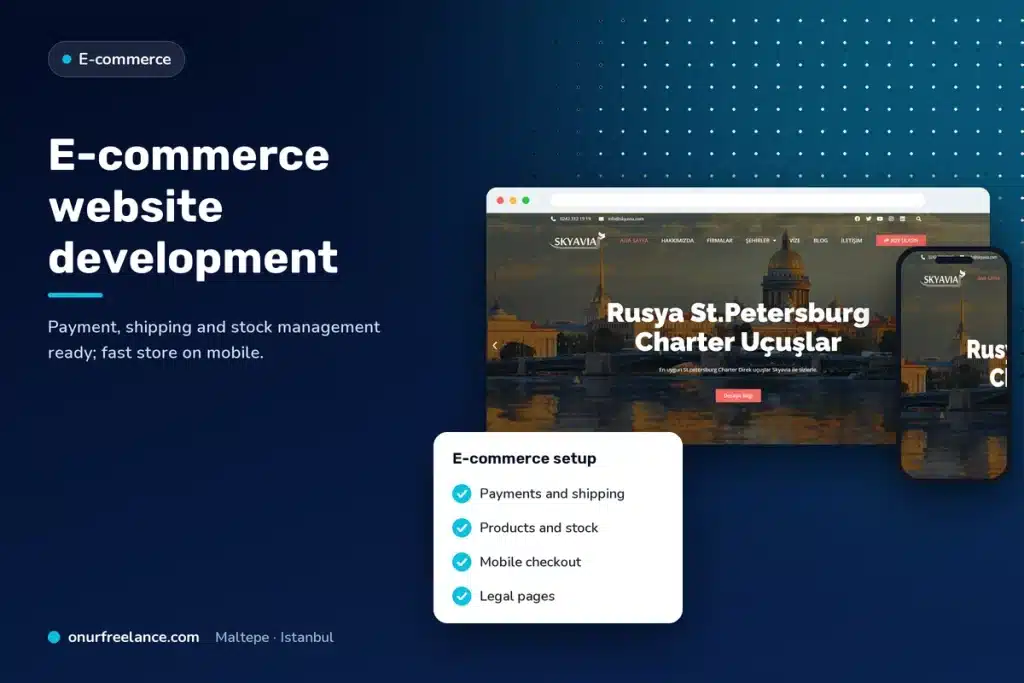 E-commerce website development: Onur Freelance real project screen and e-commerce infrastructure