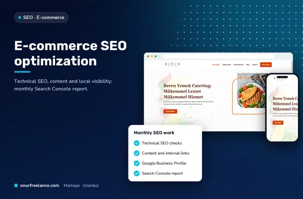 E-commerce SEO optimization: Onur Freelance real project screen and monthly SEO work