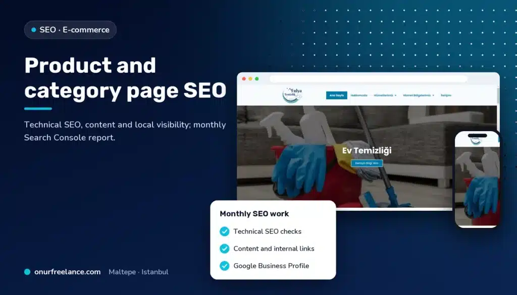 Product and category page SEO: Onur Freelance real project screen and monthly SEO work