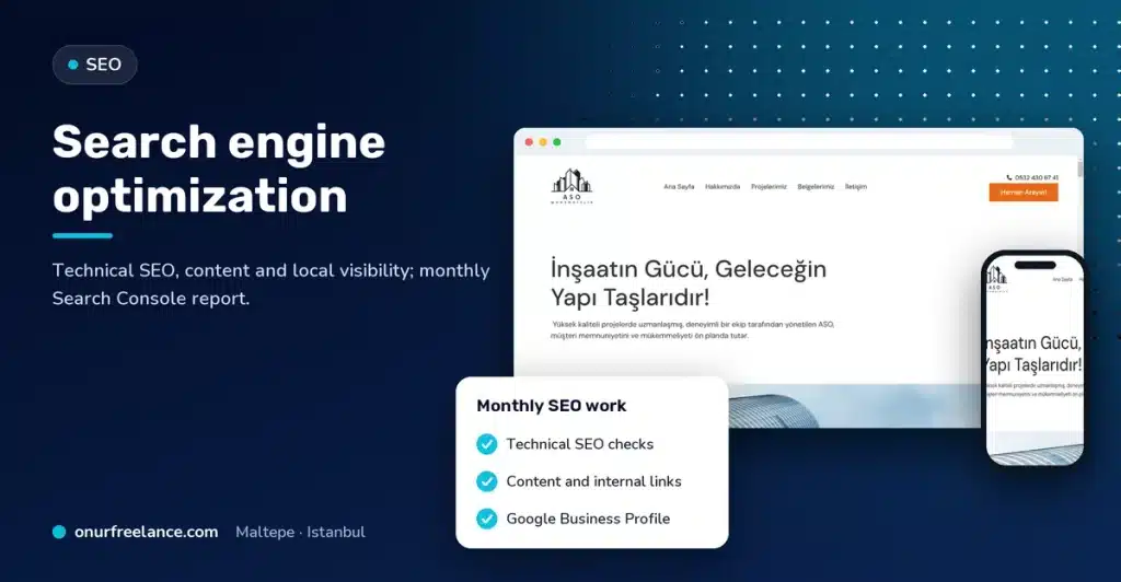 Search engine optimization: Onur Freelance real project screen and monthly SEO work