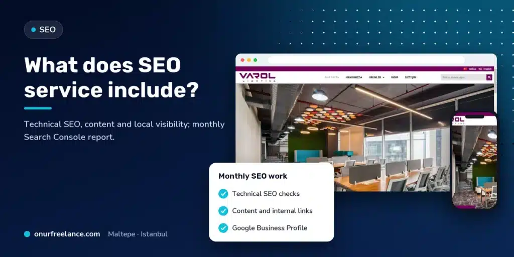 What does SEO service include? Onur Freelance real project screen and monthly SEO work
