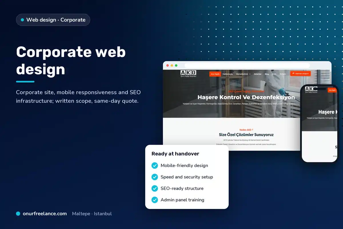 Corporate web design: Onur Freelance real project screen and delivery checklist