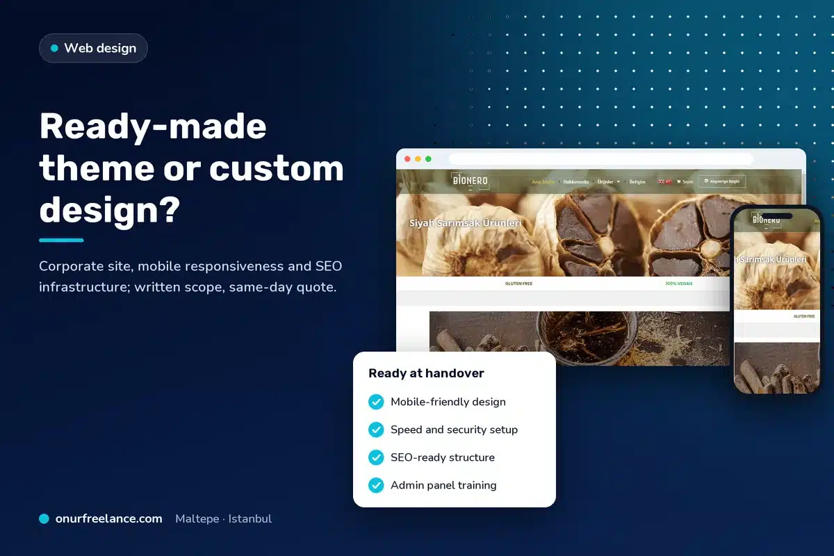 Ready-made theme or custom design?: Onur Freelance real project screen and delivery checklist