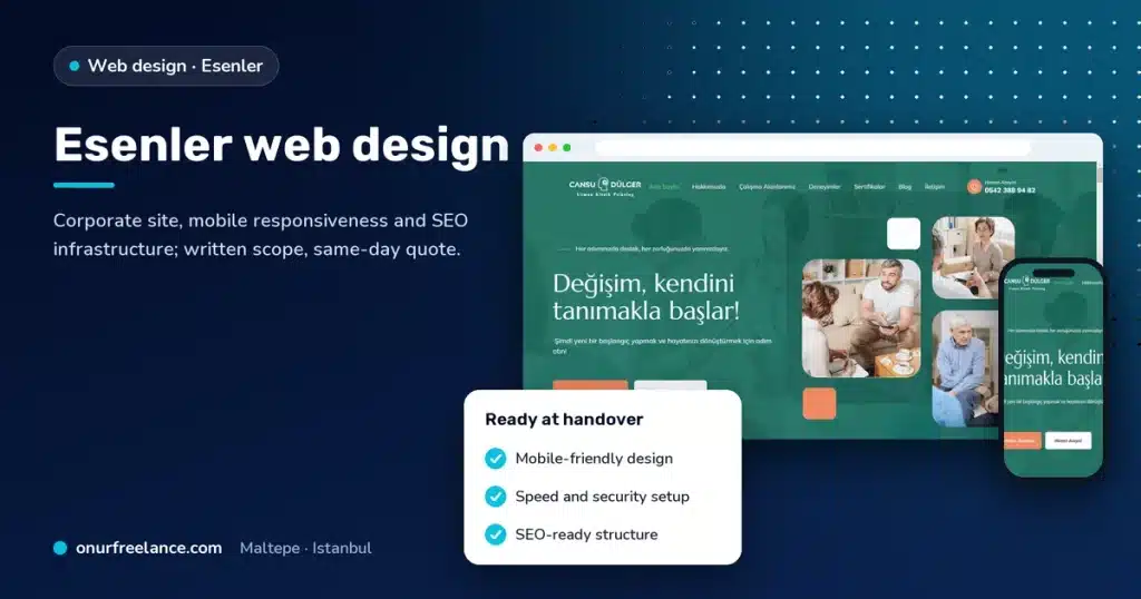 Esenler web design: Onur Freelance real project screen and delivery checklist