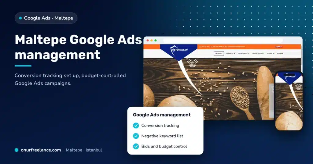 Maltepe Google Ads management: Onur Freelance real project screenshot and Google Ads management steps