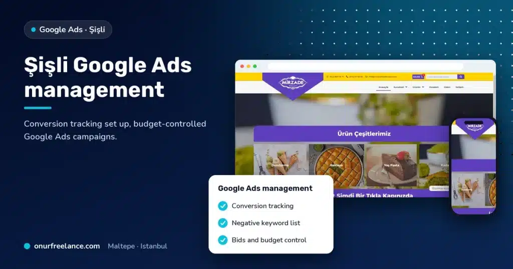Şişli Google Ads management: Onur Freelance real project screen and Google Ads management steps