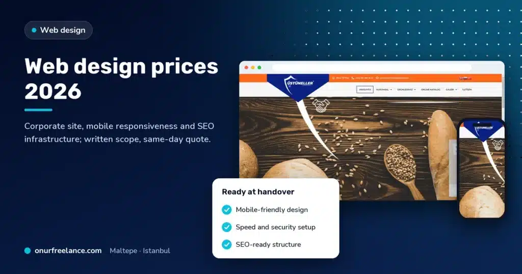 Web design prices 2026: Onur Freelance real project screen and delivery list