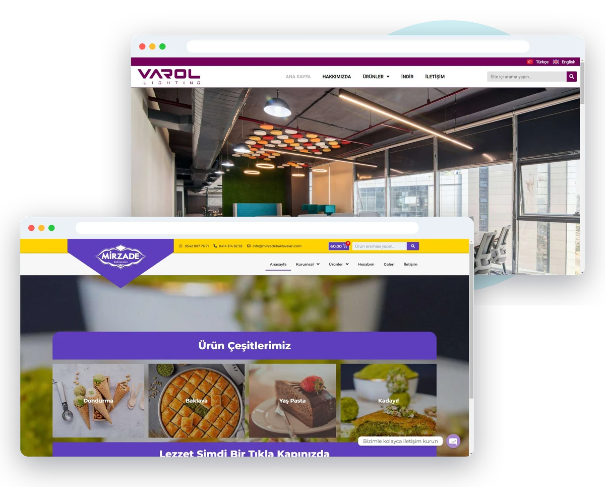 Onur Freelance tarafından yapılan Mirzade Baklavaları e-ticaret sitesi ve Varol Lighting kurumsal sitesinin ekran görüntüleri